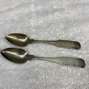 Antique HW Coin Silver Fiddle Handle Monogrammed Teaspoons Set of 2 6 Inch